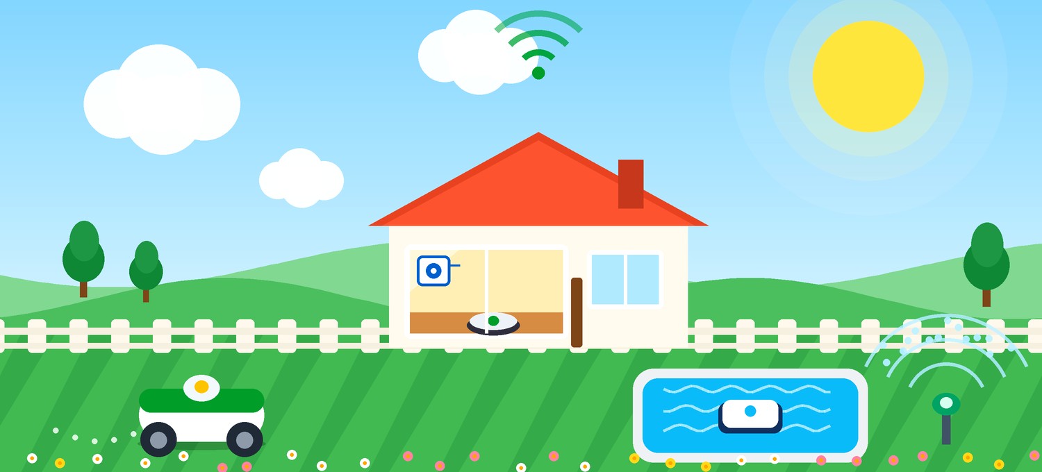 Illustration eines Gartens mit Mähroboter, Poolroboter, Sprinkler und vernetztem Haus mit Saug- und Fensterputzroboter
